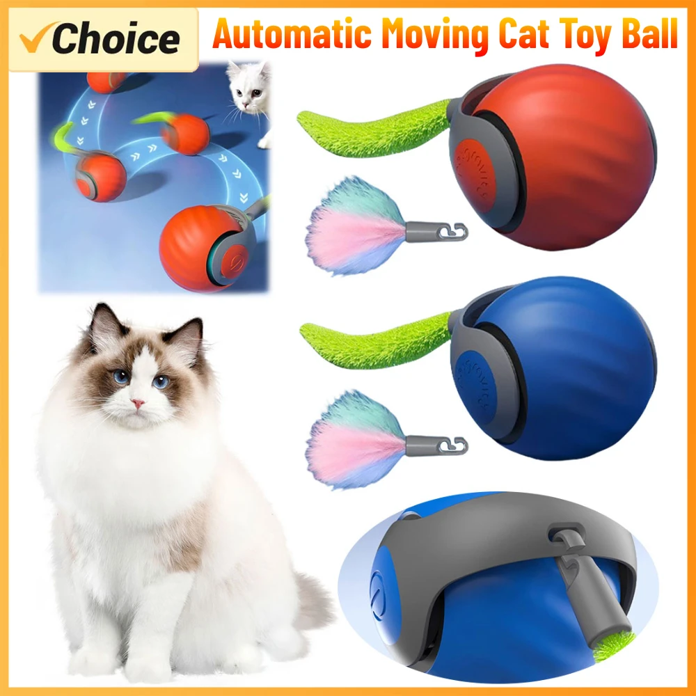 Automatic Moving Cat Toy Ball Smart Cat Toys Two Speed Adjustment Speedy Tail Interactive Cat Toy with Replacement Tail Cat Ball