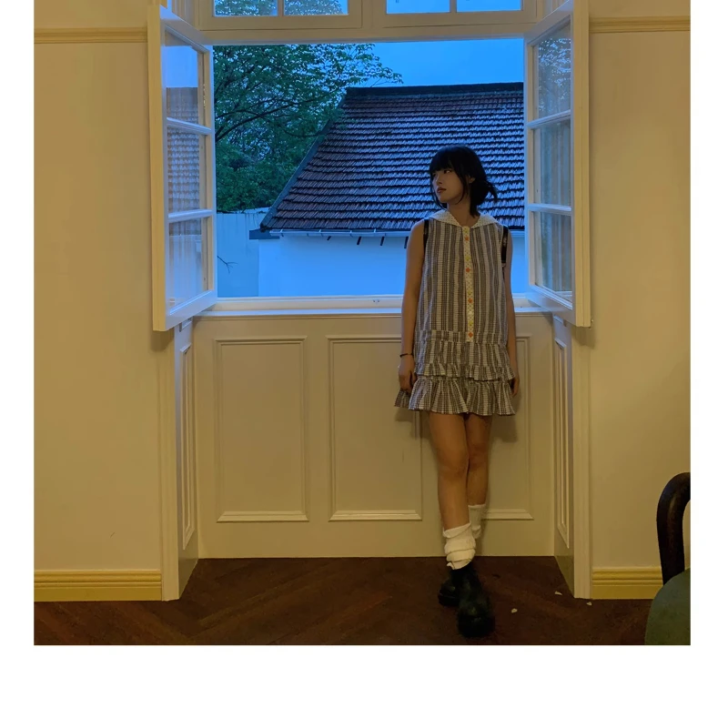 New Plaid Polka Dot Hooded Women's Dress Original Hem Fluffy Cute Small Flower Buttons Age-reducing Sleeveless Dresses Ladies