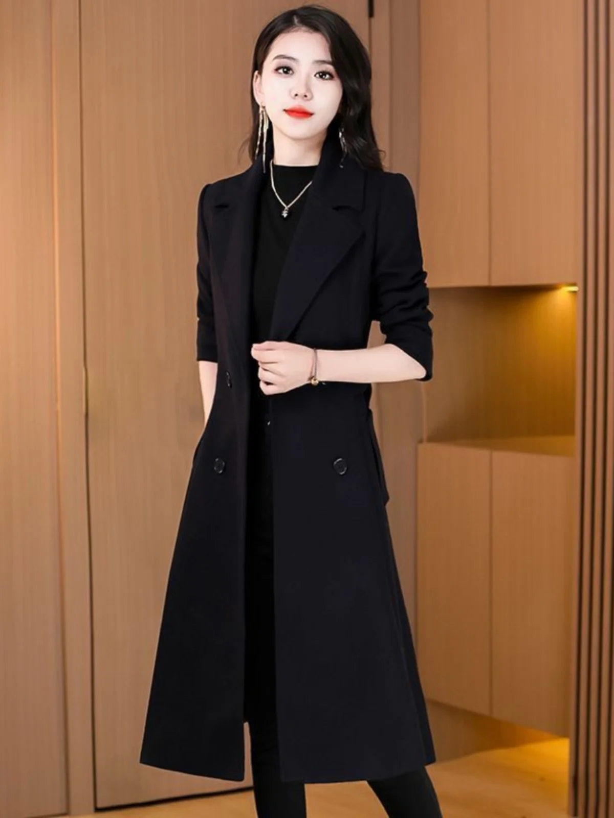 

Women's Woolen Coat Thiened Slim Mid-Length Outerwear Autumn Winter Faion Korean Sle Double-Breasted Knot