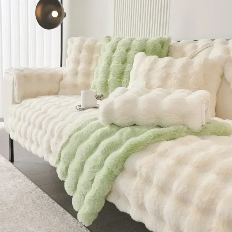 Solid Color Rabbit Plush Sofa Slipcover Backrest Armrest Dust Cover Thick Soft Plush Anti Slip Leather Sofa Couch Seat Cushion