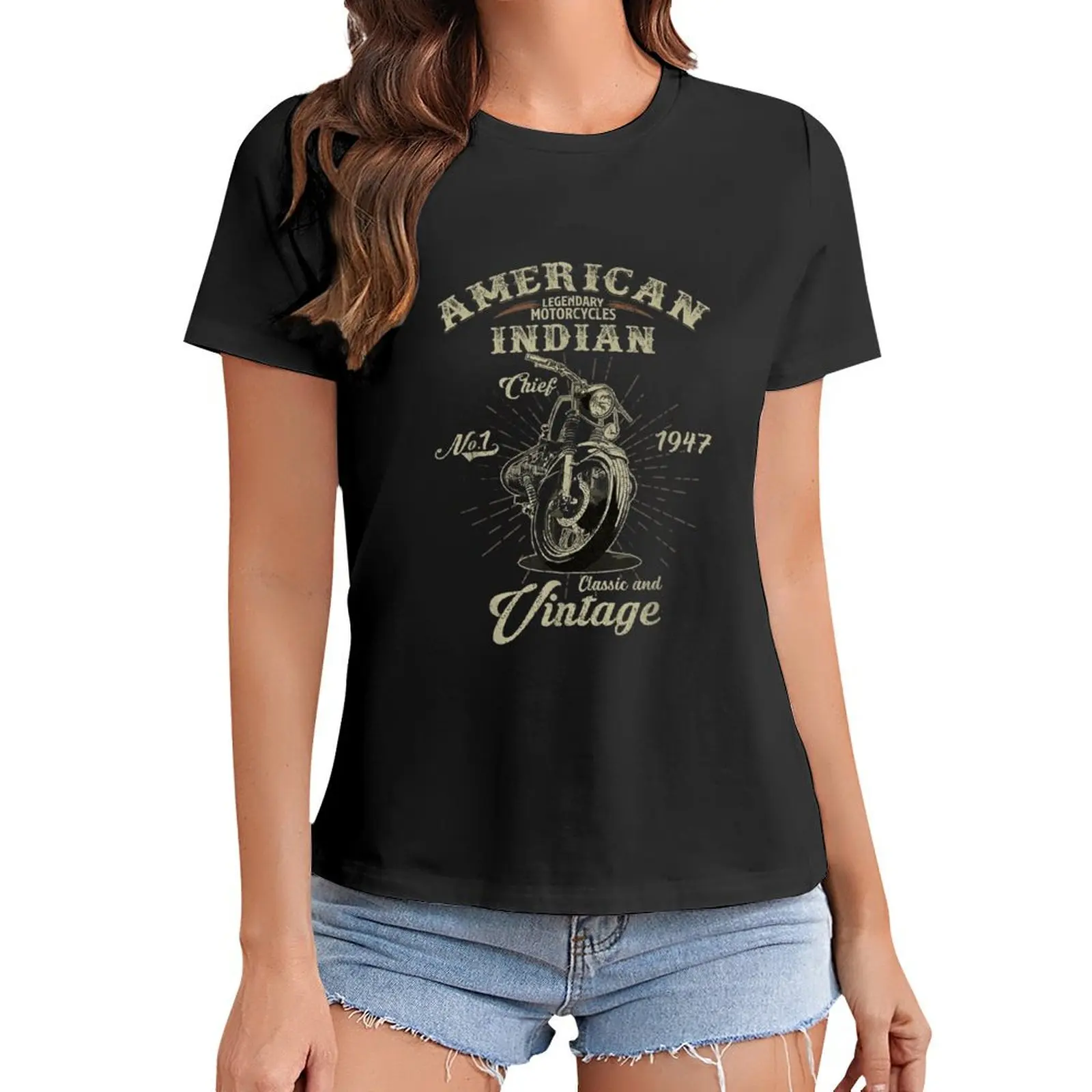 Vintage American Motorcycle Indian for Old Biker Gifts Print T Shirt Graphic Shirt Casual Short Sleeved Female Tee T-Shirt