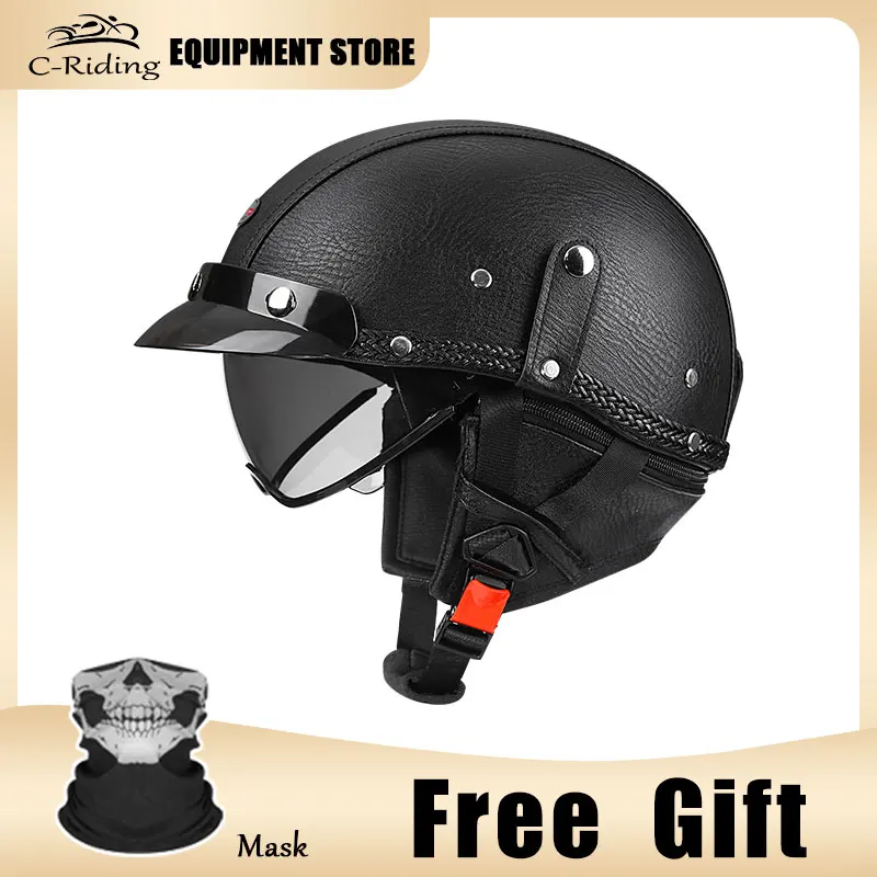

Vintage Black Leather Half Helmet Built-in Visor Cruiser Premium Leather Half Helmet Inner Visor Adjustable Sun Shield