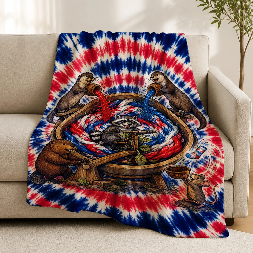 Vintage Americana Patriotic Bear Throw Blanket Sofa Decor Cozy Red White Blue Christmas Gift Home Throw Rug Fall Winter Decor
