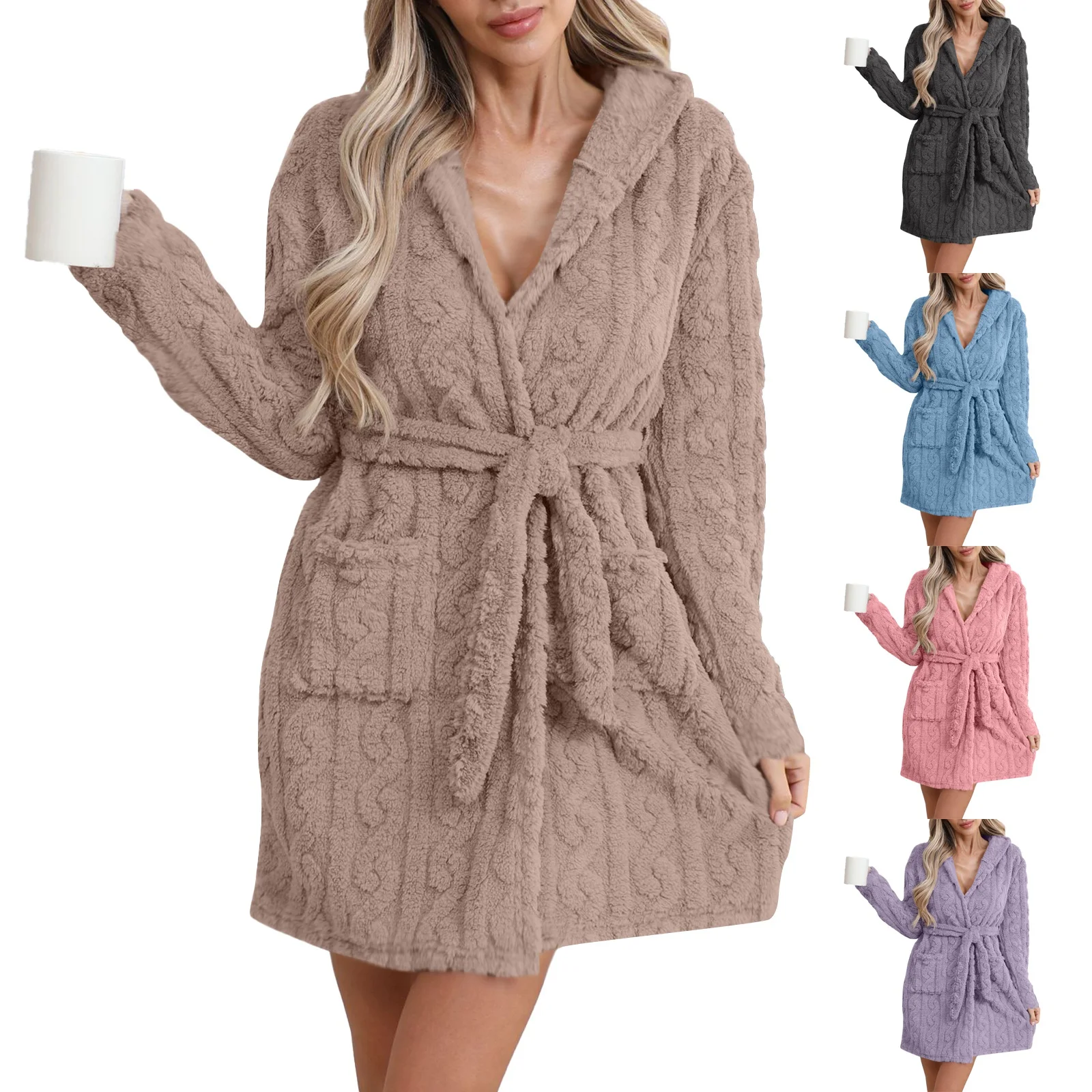 女性用ピュアカラーコーラルフリースオープンカーディガンローブナイトガウンホーム服Vネック長袖中厚手ポリエステル快適