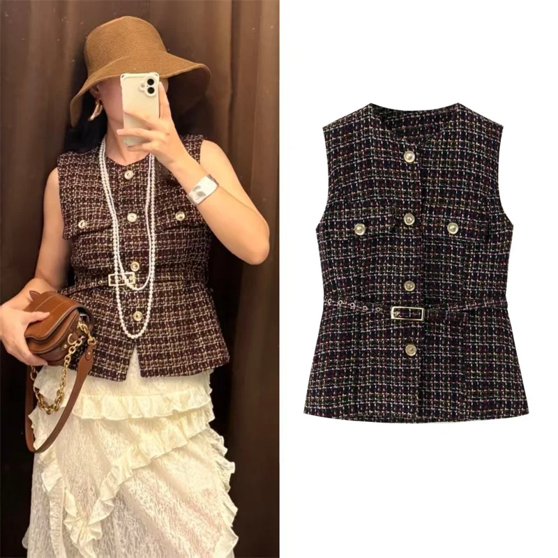 

Women's Vest 2025 Autumn New Style Brown Sleeveless Textured Vest with Belt Decoration Socialite Style High-End Fashion