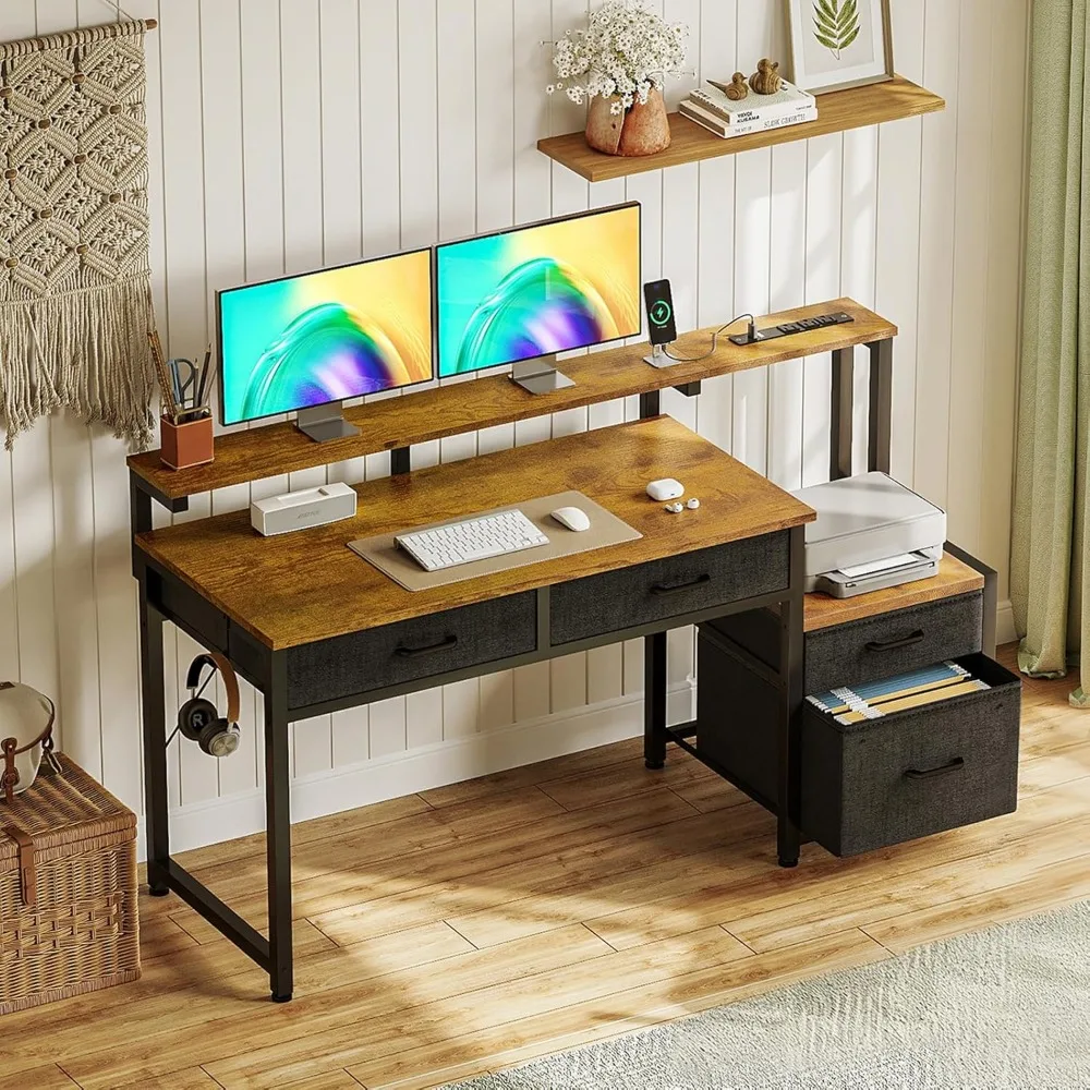 Computer Desk with 4 Drawers, 48 Inch Office Desk with Power Outlet, Home Office Desk with Printer Space & File Drawers Cab