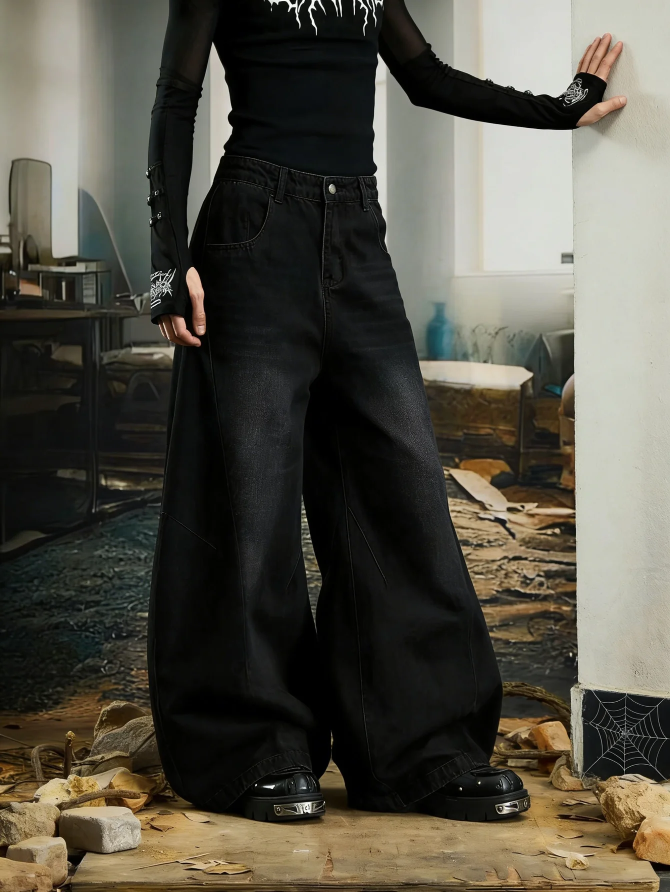 

Джинсы Y2K Baggy Black Drip для мужчин, унисекс, оригинальные, без аксессуаров и ремней.