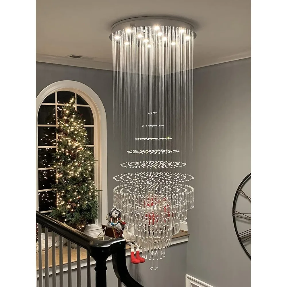 Luxury Large Foyer Chandelier, Modern 12-Lights Round Raindrop Crystal Chandeliers High Ceiling Flush Mount Light Fixtures