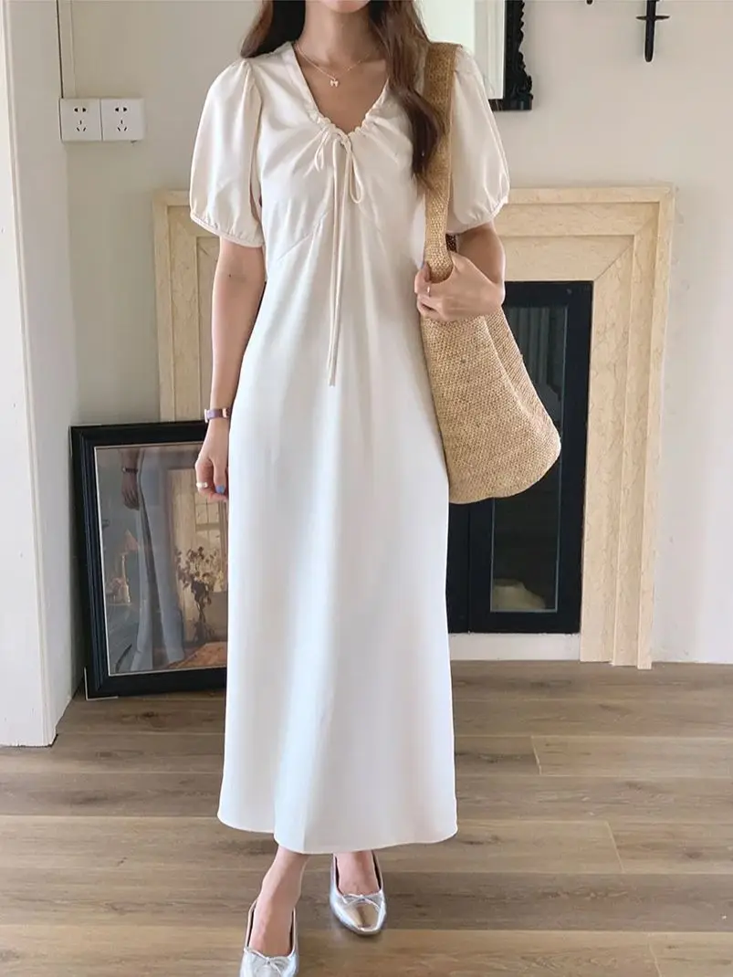 Alien Kitty Gentle V-Neck Straight Long Dress Women Solid Summer Mujer Loose 2024 Short Sleeve New Elegant  Casual Vacation