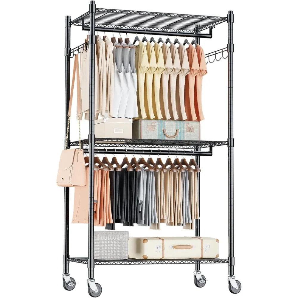 

Clothes Rack with 3 Tier, Adjustable Wire Shelves and Side Hooks, Equipped with 4 Rolling Wheels, Coat Rack