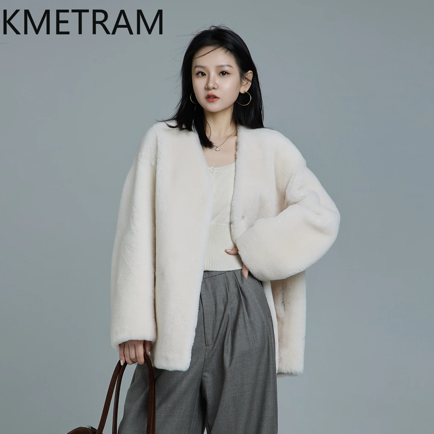 KMETRAM Natural Merino Sheepskin Wool Fur Coat White V-Neck Autumn-Winter Women Clothing 2025 Mid-Length Jacket шуба женская