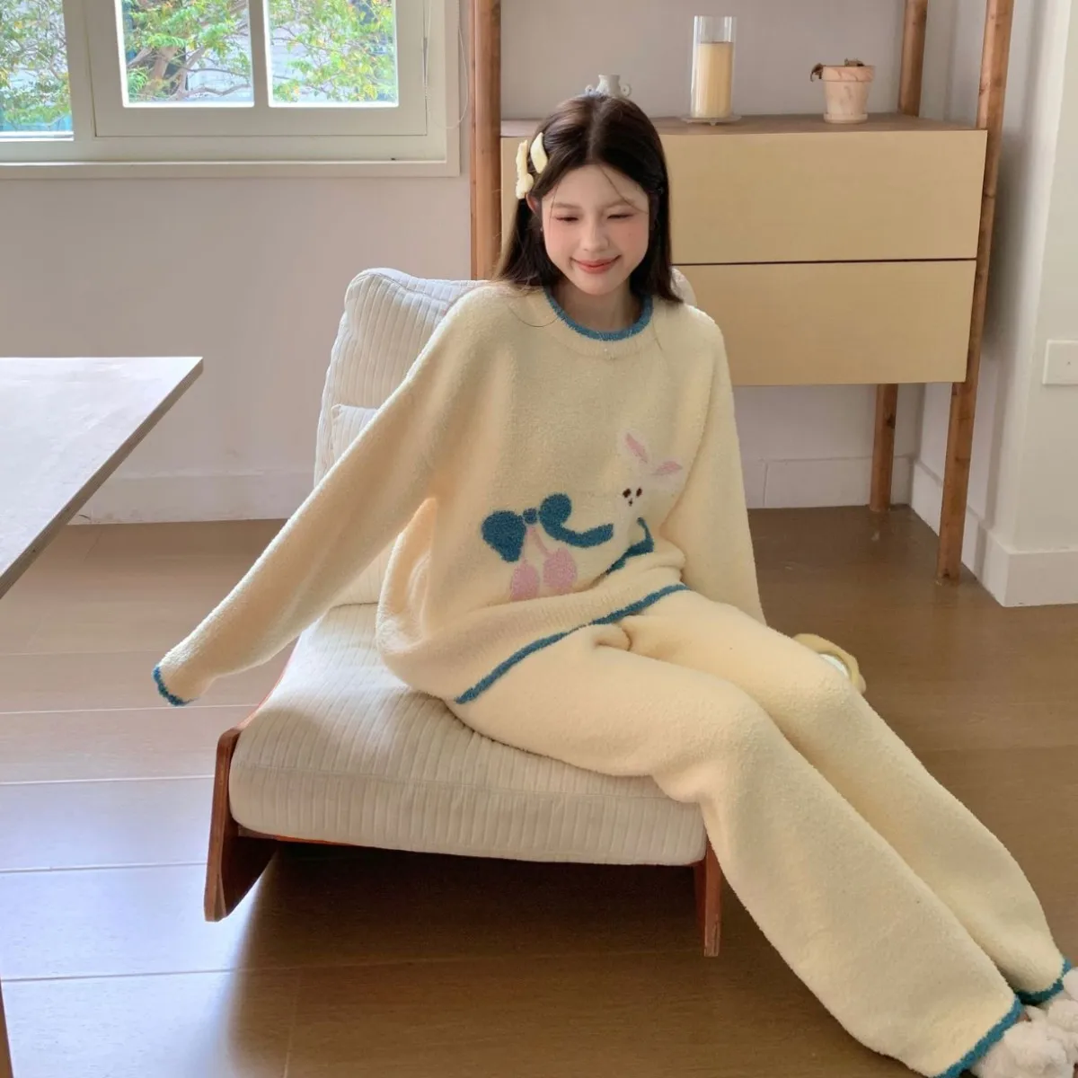 

Осенние утепленные зимние теплые пижамы с милым кроликом, женские пижамные комплекты с круглым вырезом и брюками, кавайные комплекты брюк, пуловер, домашний костюм