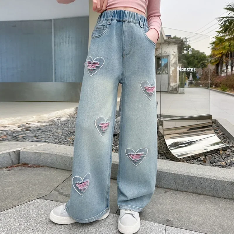 

Girls Loose Wide-leg Jeans Trousers Children Fashion Heart Ripped Straight Denim Pants Spring Autumn Casual Clothing 5-12 Years