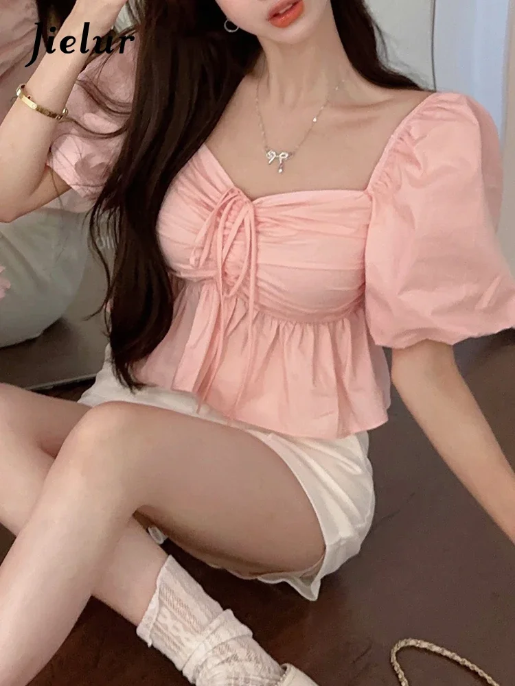 Jielur Pink Square Neck Slim Drawstring Women Blouse French Style Fashion Puff Sleeve Pleated Solid Color Sexy Female Blouses