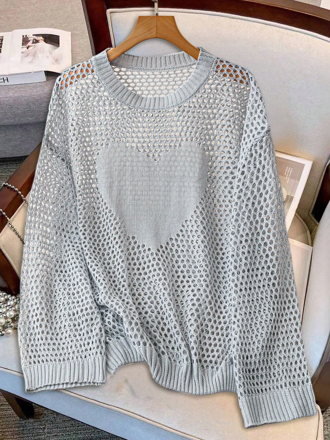 

2026 New in Women's Heart Hollow Out Knit Sweater Grey Crew Neck Long Sleeve Loose Casual Summer Streetwear Top
