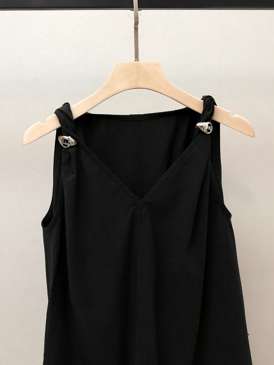 GALCAUR Black Spliced Button Casual Shirt Female V Neck Sleeveless Loose French Style Women's Shirts Fashion Autumn New Clothing