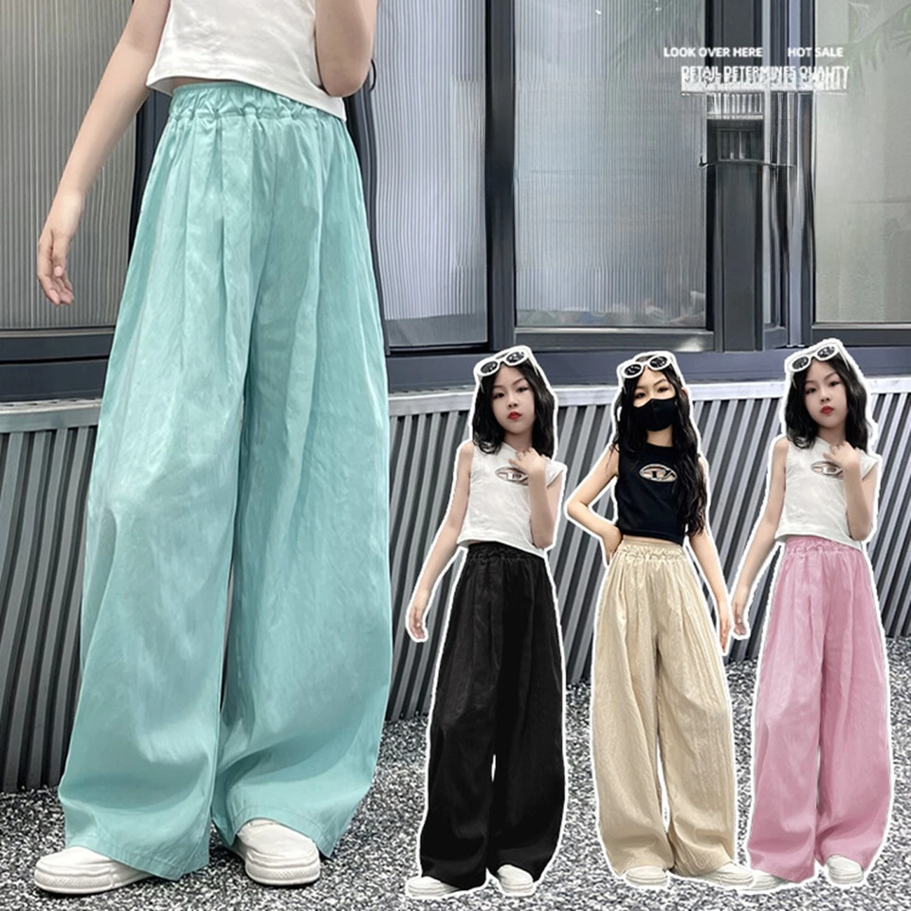 

Spring Summer Kids Wide Leg Pants Casual Thin Quick Dry Solid Color Loose Fit Long Trousers Trendy Straight Cut for Children