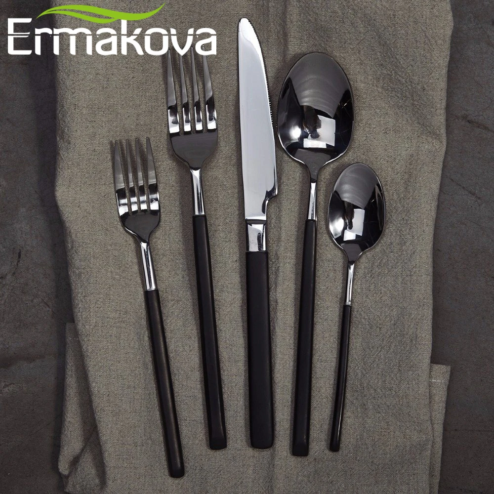 ERMAKOVA 5 Pieces Stainless Steel Flatware Set Black Handle Heavy-Duty Spoon Fork Knife Tableware Cutlery Set