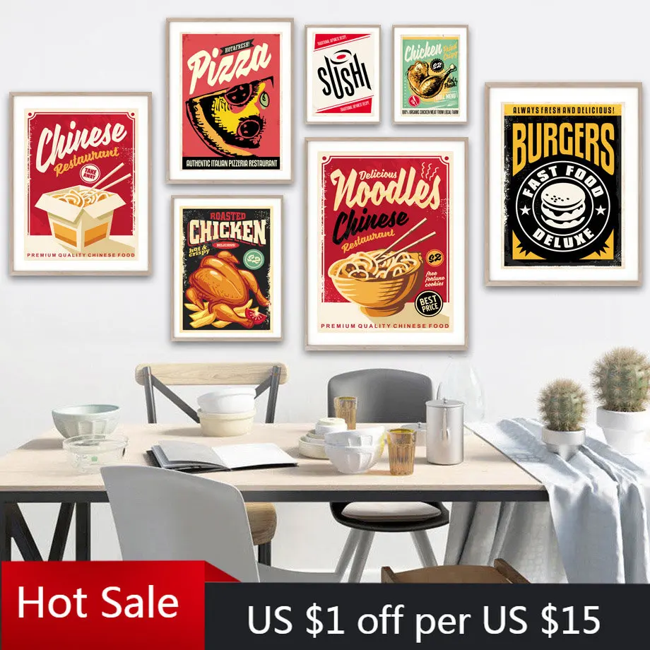 Fast Food Pizza Burgers Vintage Tin Sign Plaque Metal Retro Posters And Prints Canvas Painting Wall Decor for Kitchen Cafe Diner