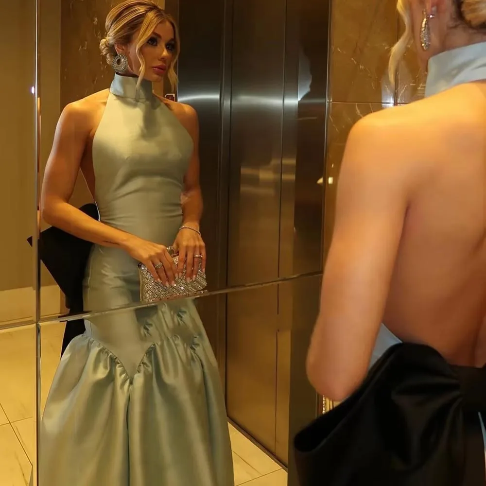 

Customized Exquisite Sleeveless Women Prom Dress Sexy Halter Neck Charming Mermaid Satin Party Dress Bow Women Evening Gown