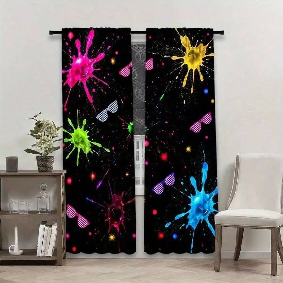 Neon Party Curtain, 80s Retro Paint Splatter Blackout Curtains, Disco Sunglasses Print Drapes, Glow Theme Decor, 2 Panels