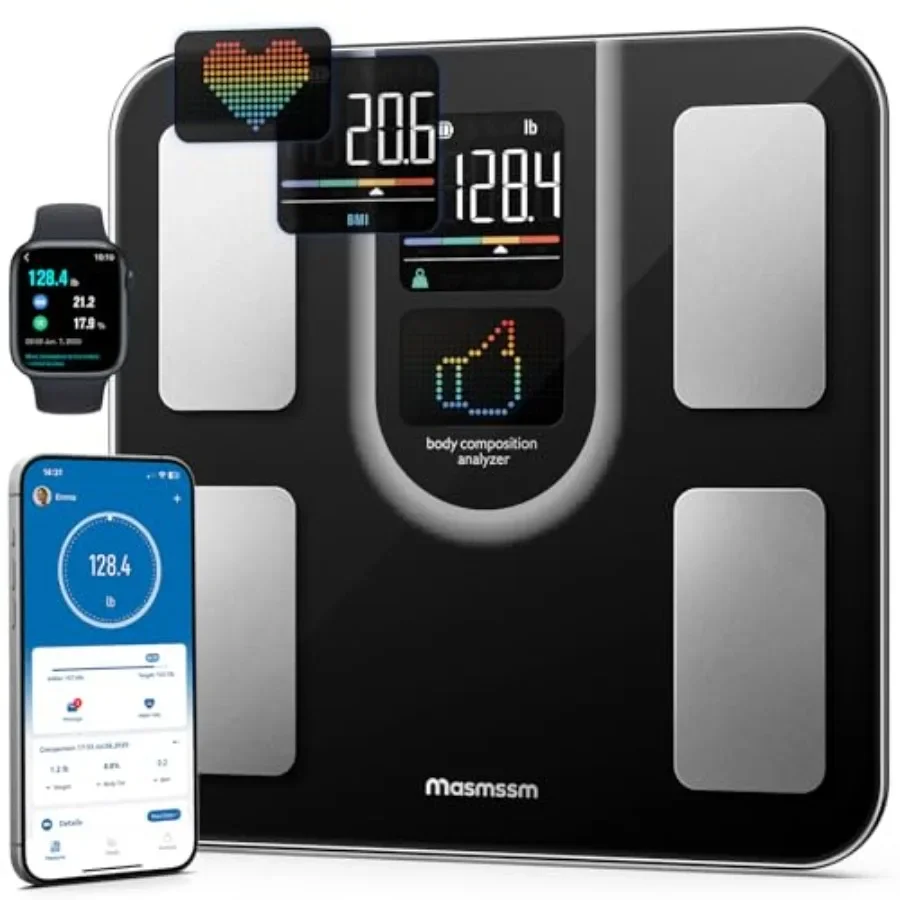 

Smart Bathroom Scale with 9in1 VA Display for Comprehensive Body Weight Monitoring Tracks 22 Body Metrics Including Heart Rate
