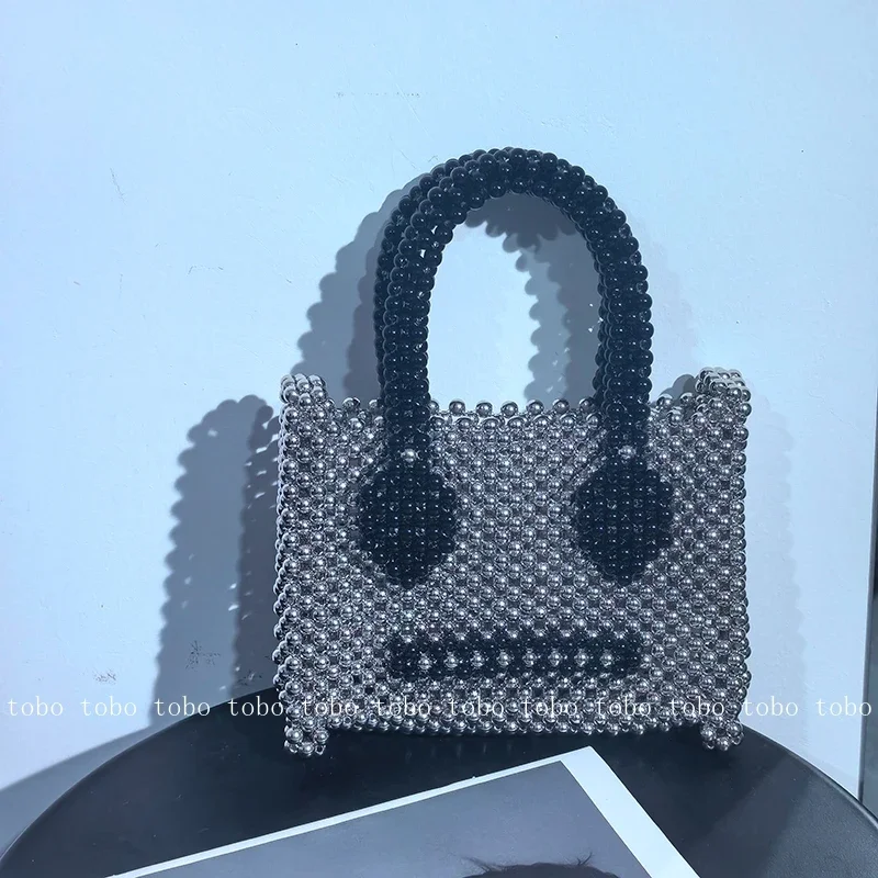 

Sliver Handle Bead Woven Ladies Bag Niche Designer Square Tote Bags Handmade Vintage Women's Handbag Casual Makeup Bag