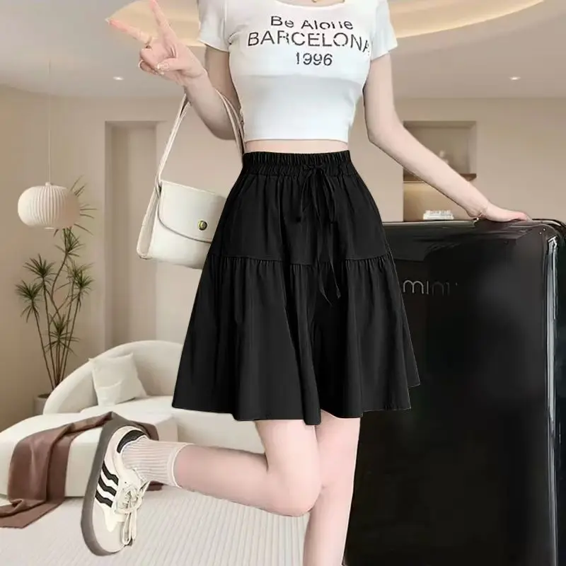 New Trendy Spring and Summer Fashion Ice Silk Loose Wide-leg Shorts for Women Large Size Korean Versatile Casual Strap Shorts
