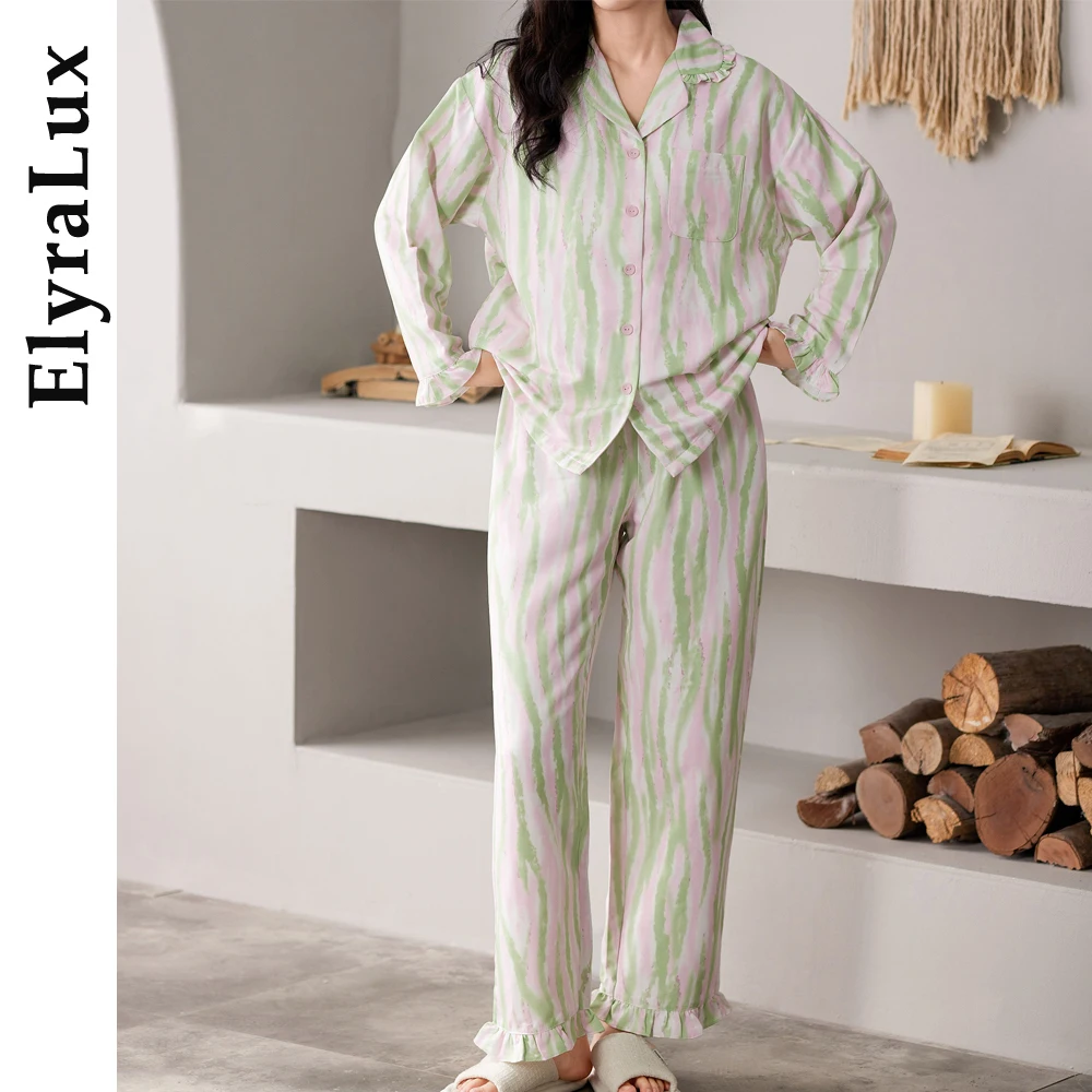

ElyraLux Pajama Women Long Sleeve Pants Two-Piece Sets Simple Sleepwear Suit Cute Sweet Pyjama Princess Style Pijama Casual Wear