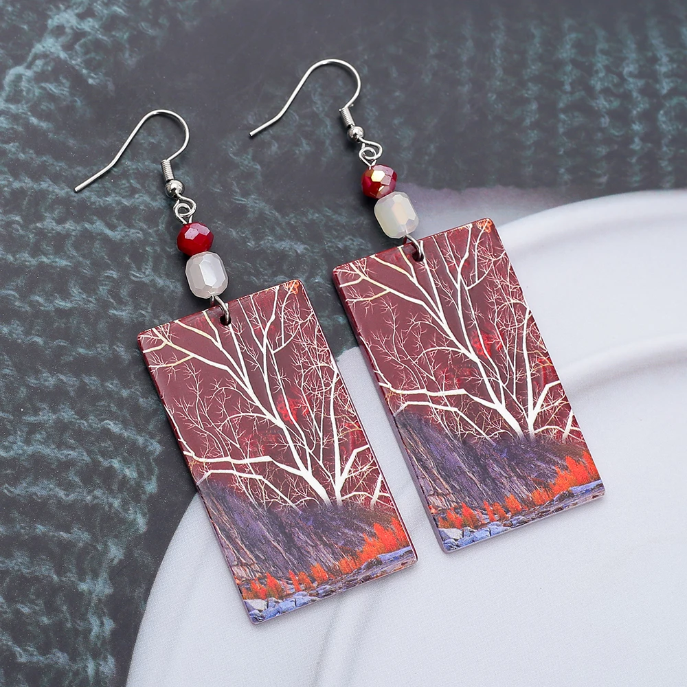 New In Fashion Acrylic Vintage Earrings For Women Elegant Hot Selling Jewelry Red Brown Print Forest Tree Pattern Trend 2024