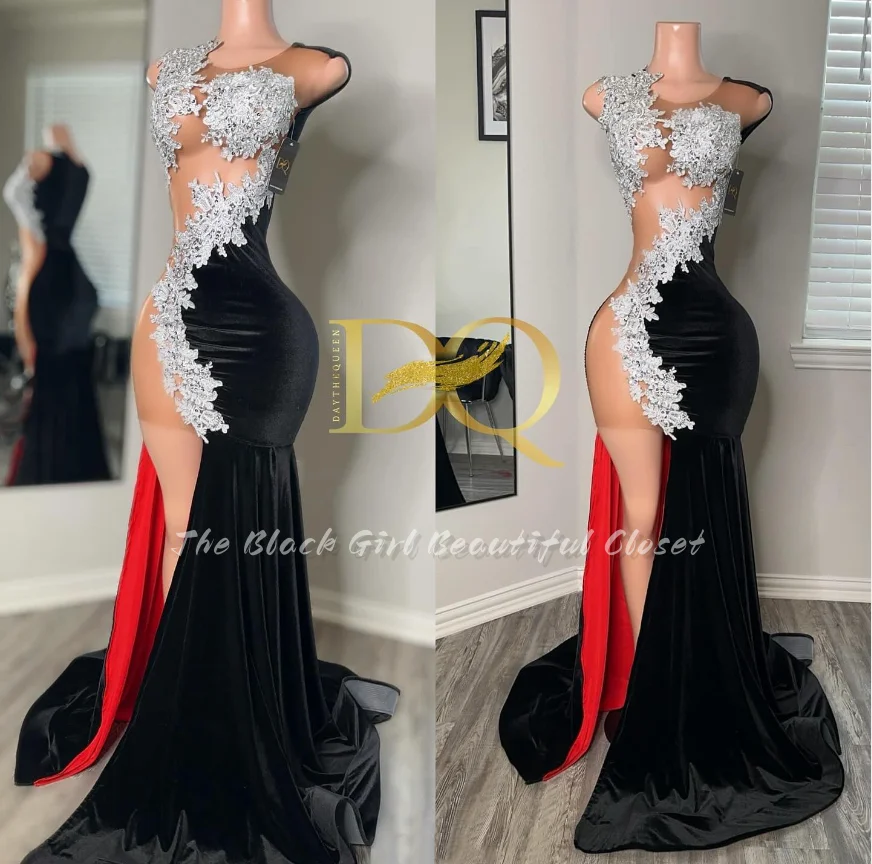 Customized  Classic Black Sexy Prom Gowns Glitter Sequins Applique Sexy Party Dress Side Slit Ruffled Cutout Fishtail Long Dress