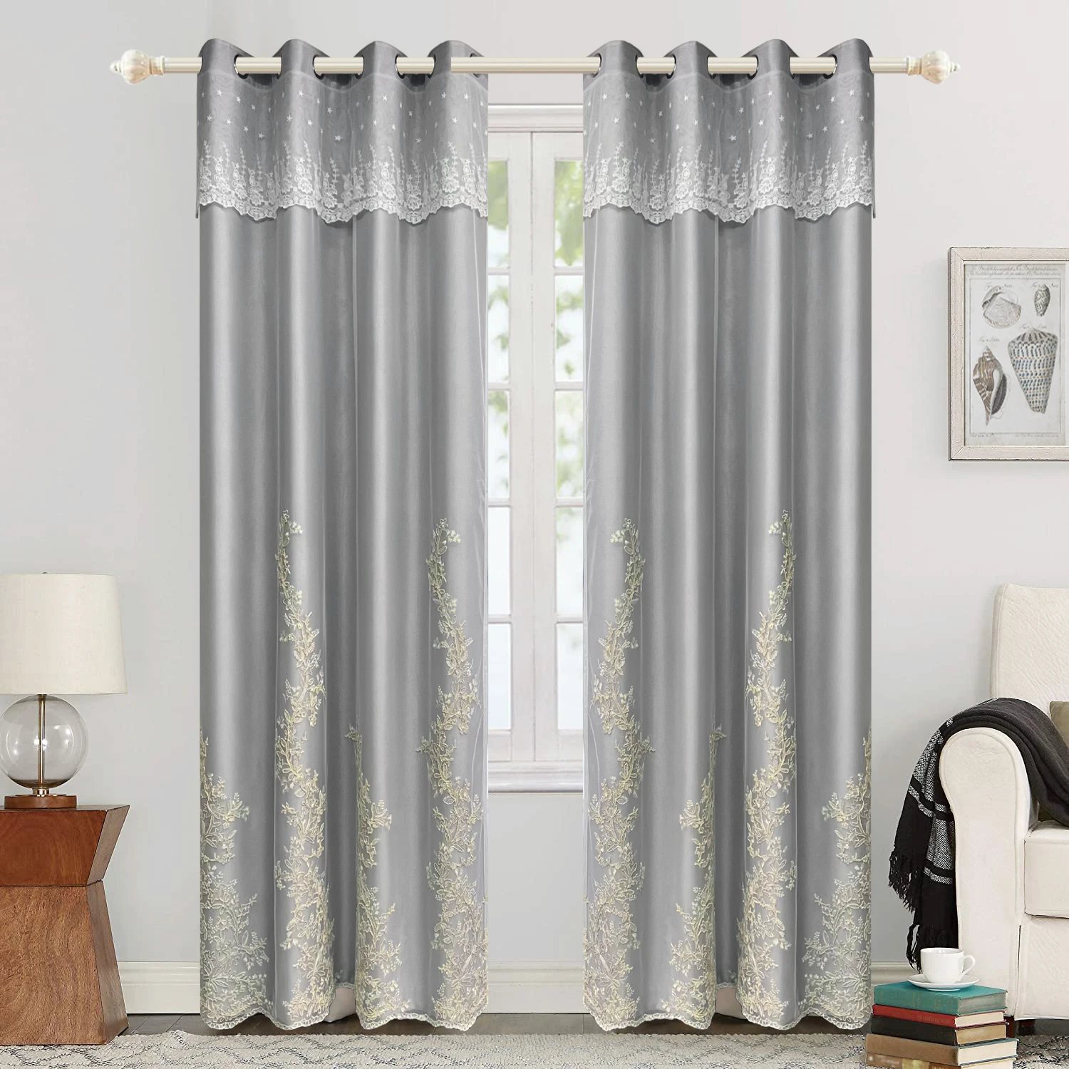 1pc Double Layer Embroidery Curtain Lace Valance for Living Room Sliding Door Window Drapes Curtains for Girl Princess Bedroom