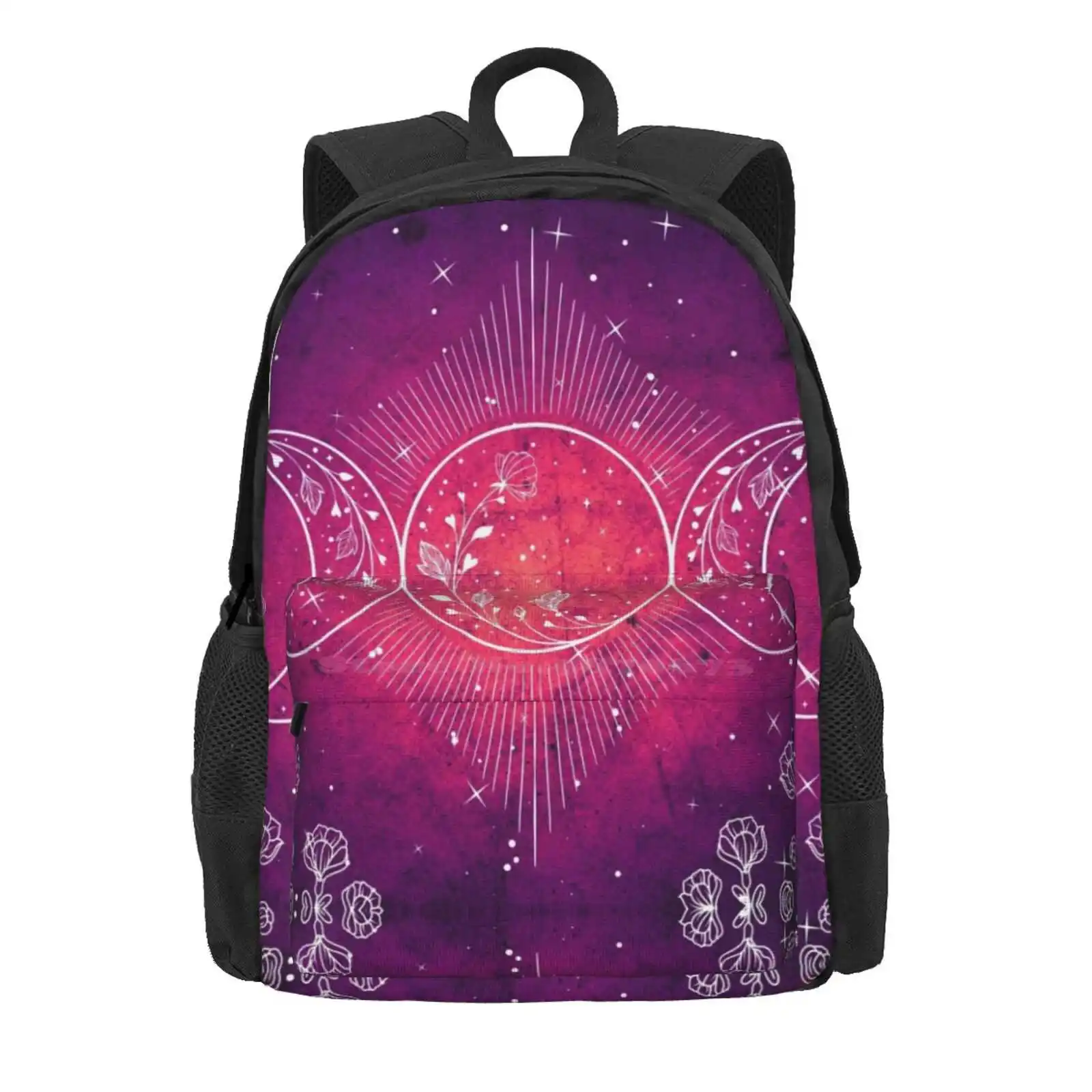 Triple Moon Print Hot Sale Schoolbag Backpack Fashion Bags Triple Moon Moon And Stars Witch Wicca Pagan Hecate Floral Moon