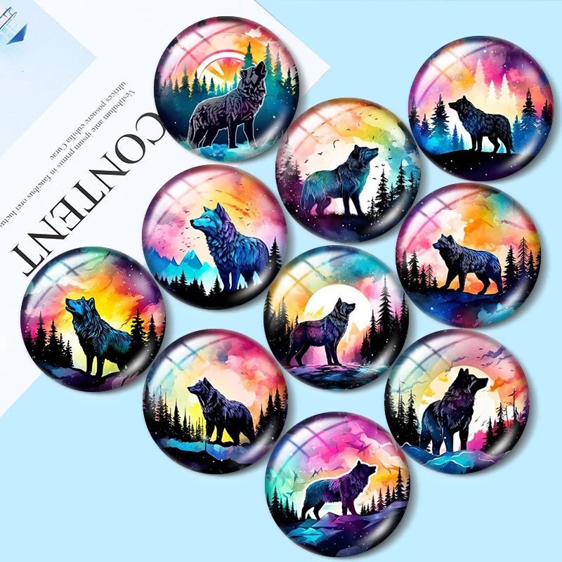 Watercolour Northern Lights Sky with Wolf 12mm/18mm/20mm/25mm Round photo glass cabochon demo flat back Making findings