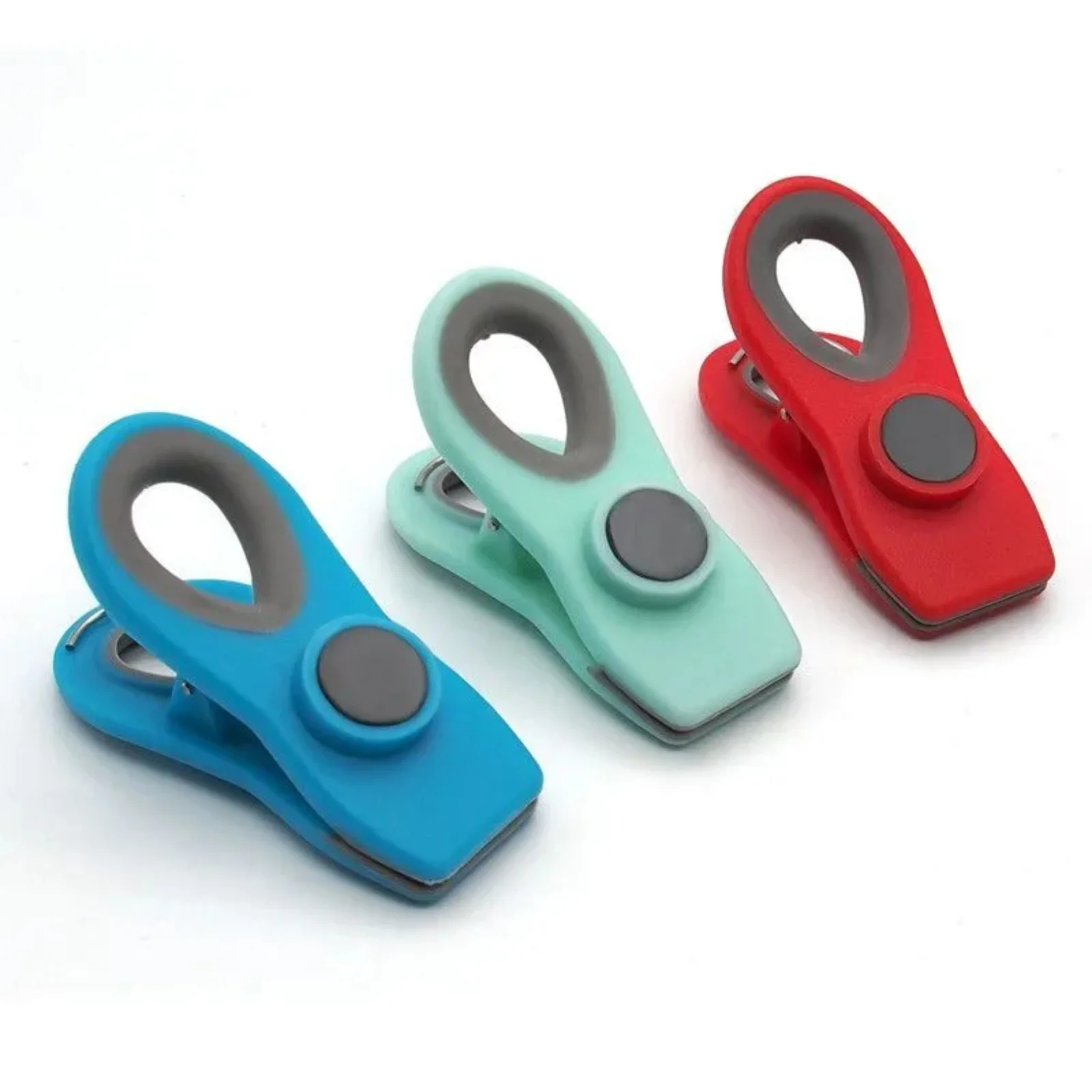 

Kitchen Clamp, 3 pcs, Red Sky Blue Dark Blue, Plastic Magnet Material, 20 grams, Magnetic Back, Dishwasher Safe Bag Clips for