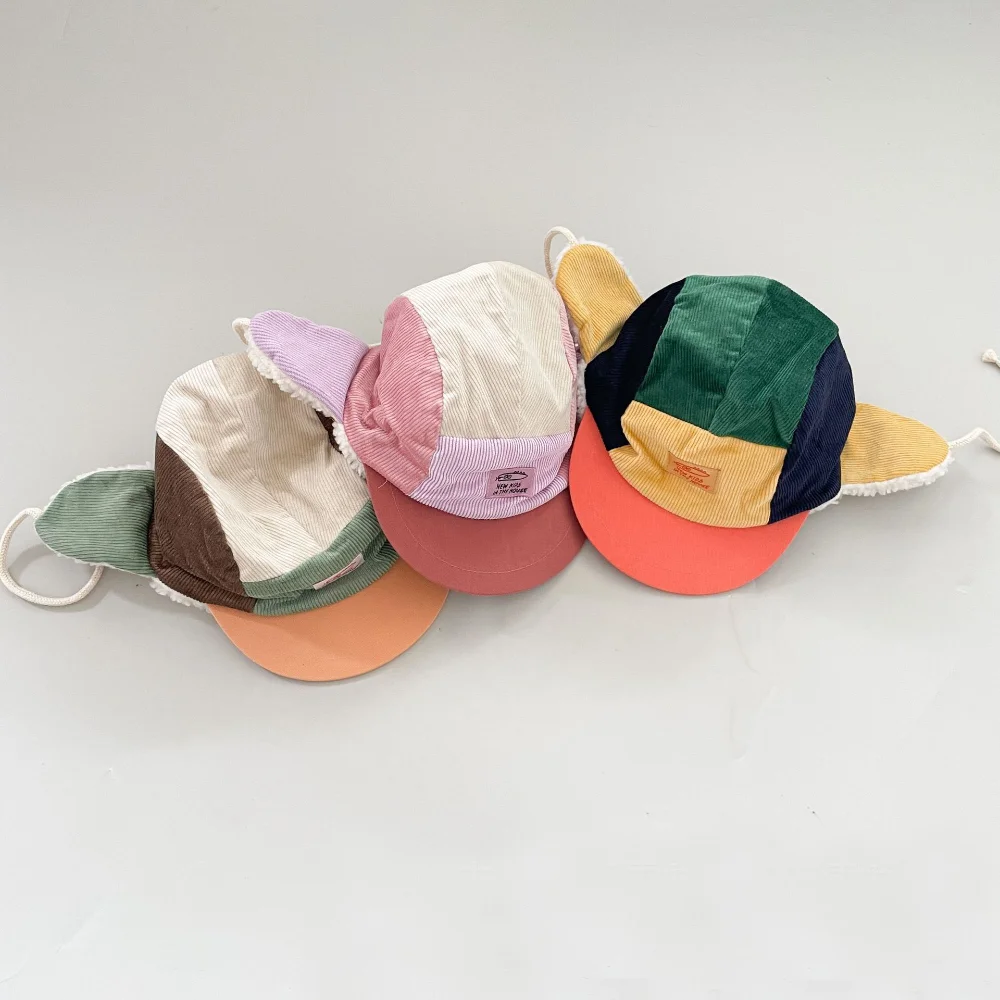 Hochwertige Pelz futter Cord Baseball mützen warme 50-52cm Kinder helm Hut Patchwork Hut für Jungen & Mädchen