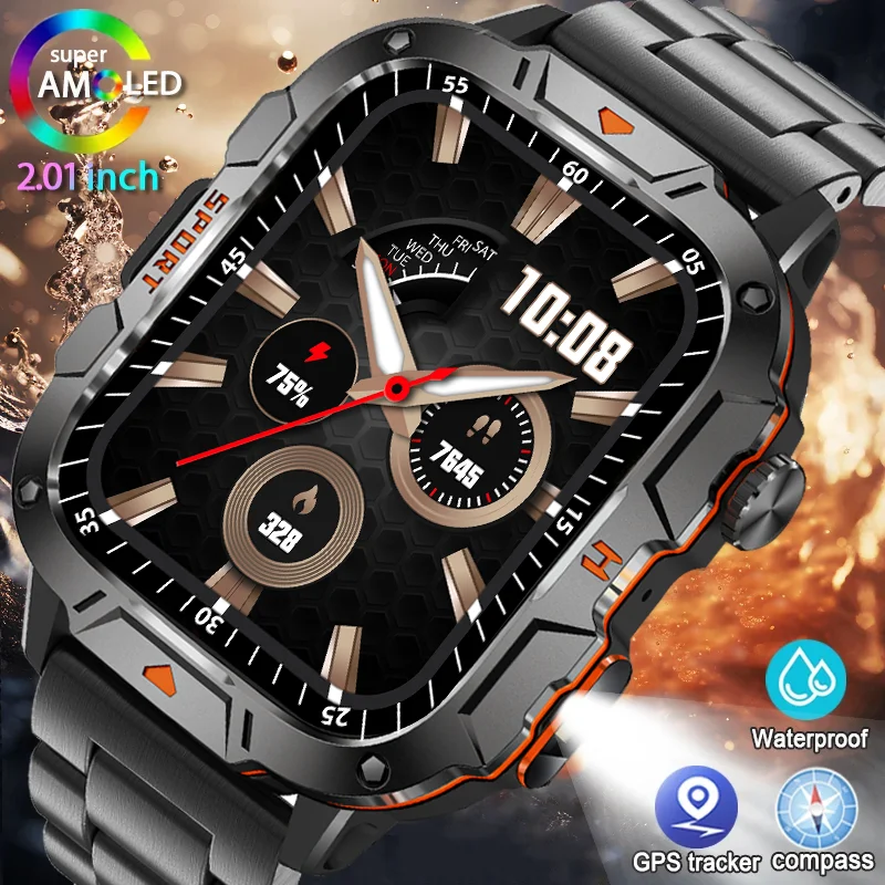 

Rugged Military Smartwatch Men's LED Flashlight 1.96 "HD Health Monitor Bluetooth Talk Waterproof Outdoor Sports Men Smartwatch