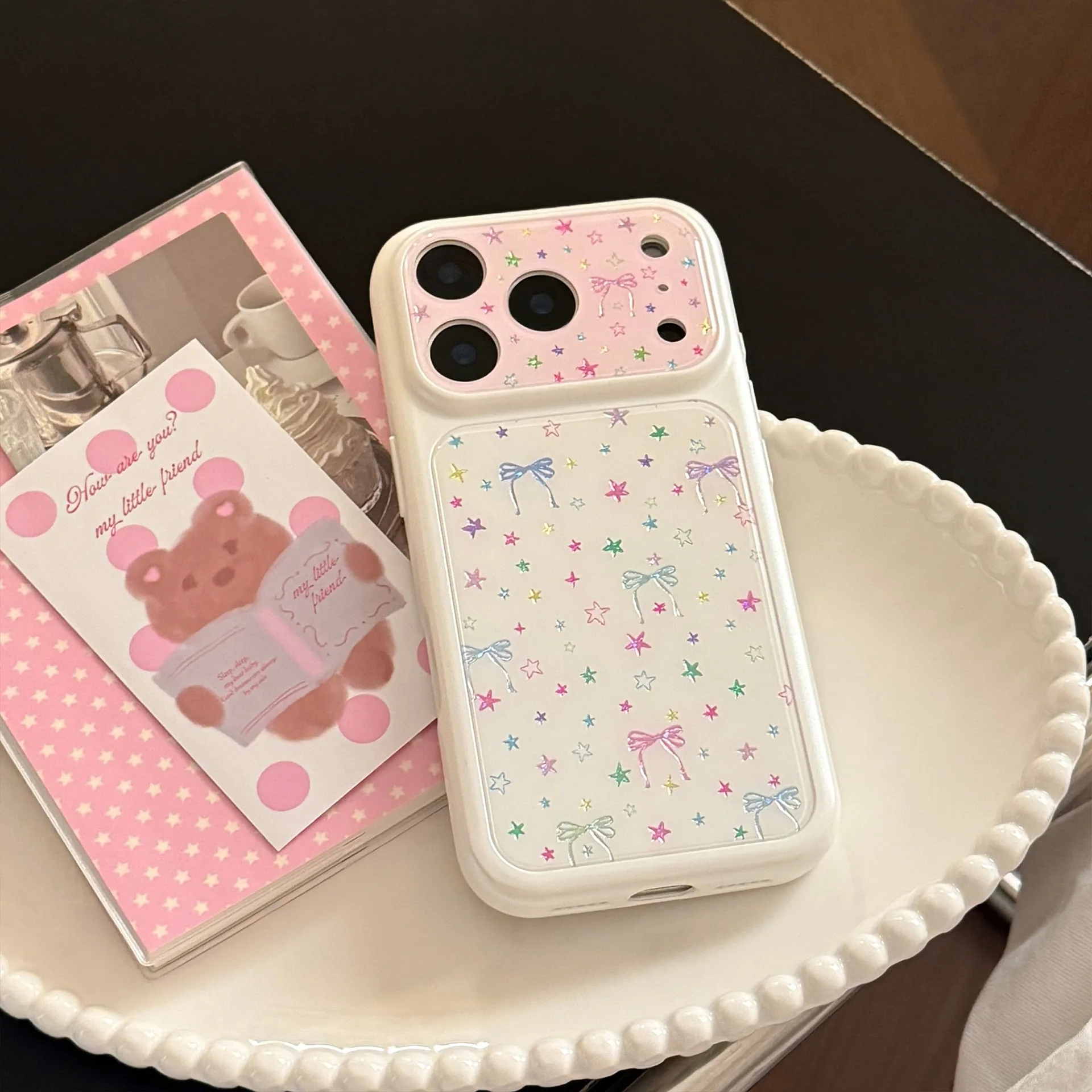 Чехол для iPhone 17 16 15 14 13 Pro Max с блестками, красочным звездным небом и бантом, милый мультяшный противоударный чехол