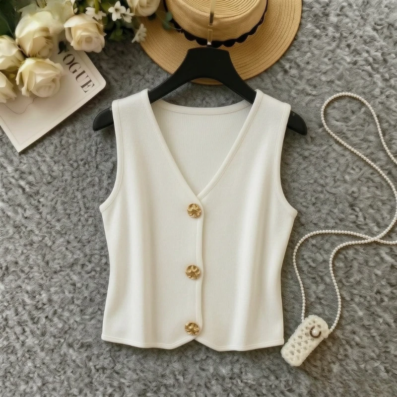 Women'S Fashion Gilet - 여성용 민소매 니트 조끼, 신축성 있는