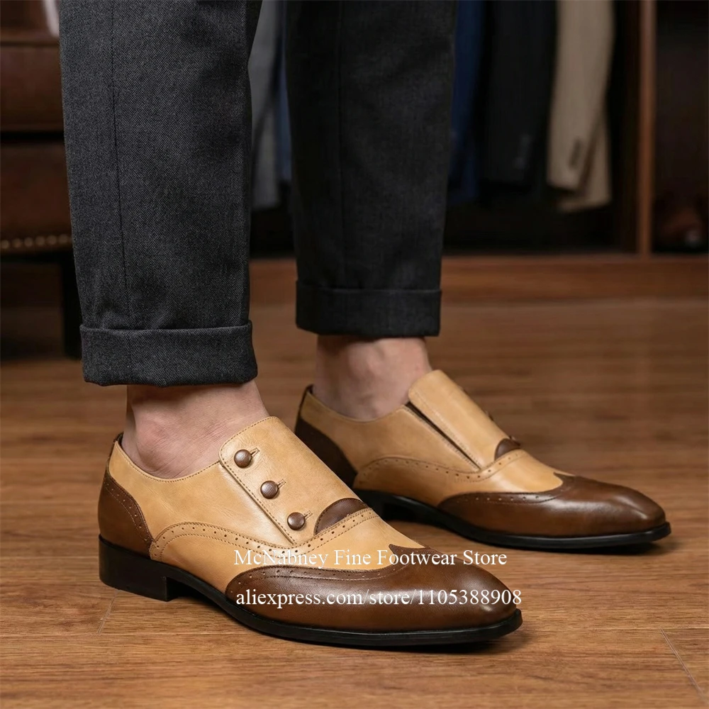 

Tan Brown Leather Loafers Button Decor Lace Up Slip On Formal Casual Dress Shoes for Men Daily Wear Vintage Style Footwear