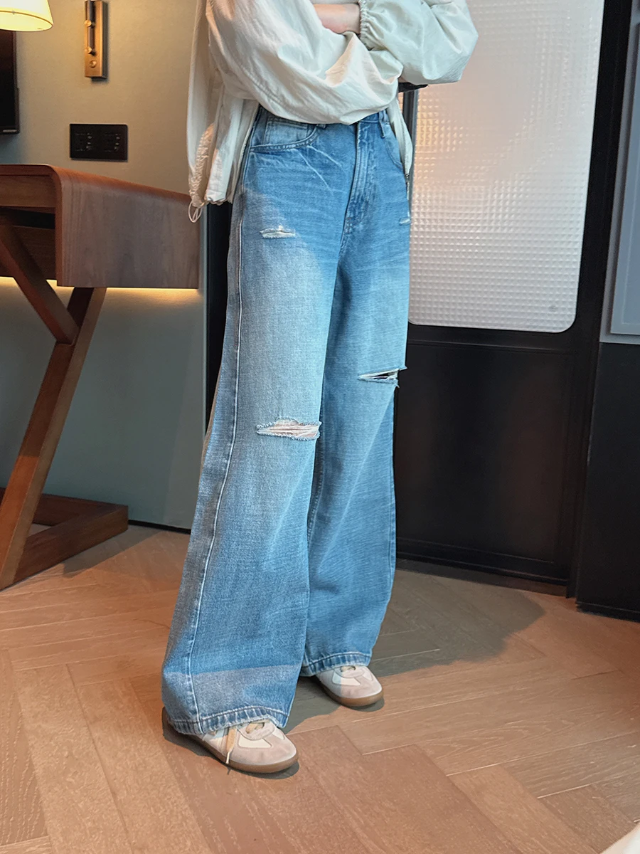 

Модные персонализированные светло-голубые джинсы из хлопкового денима свободного кроя с широкими штанинами для женщин, весна-лето, повседневные джинсы