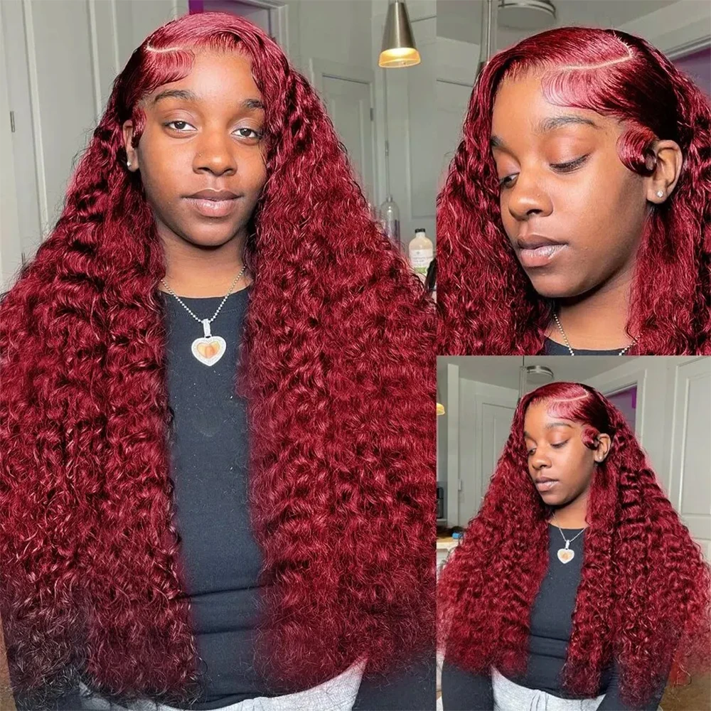 Perruque Lace Front Wig Deep Wave Naturelle pour Femme, Cheveux Humains, Couleur Rouge Bordeaux 99J, 13x4, 13x6 HD, Densité 200