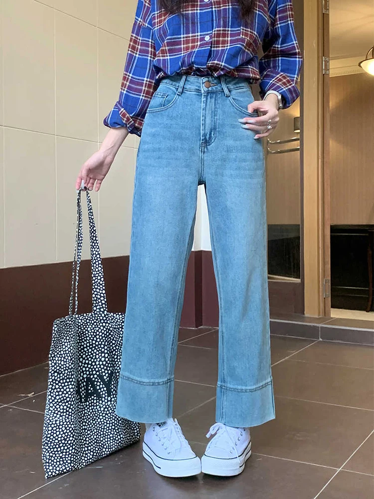 جينز نسائي غير رسمي 2025 صيف جديد عالي الخصر للتخسيس بنطال ذو قصة أرجل مستقيمة ريترو أزرق متعدد الاستخدامات فضفاض بنطال ذو قصة أرجل واسعة