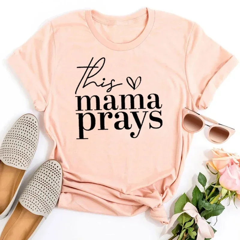 

Cute Inspirational Women's T-Shirt This Mama Prays Graphic Tee Christian Mom Shirt Faith Mother's Day Gift Vintage M