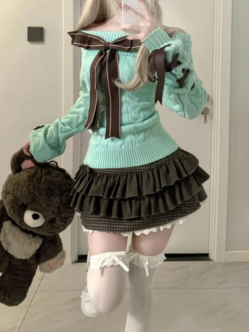 

Y2k Kawaii Lolita Knitting Long Sleeve Bow 2-piece Set Vintage Chic Slim Off Shoulder Sweater + High Waist Lace Skirt Suit New