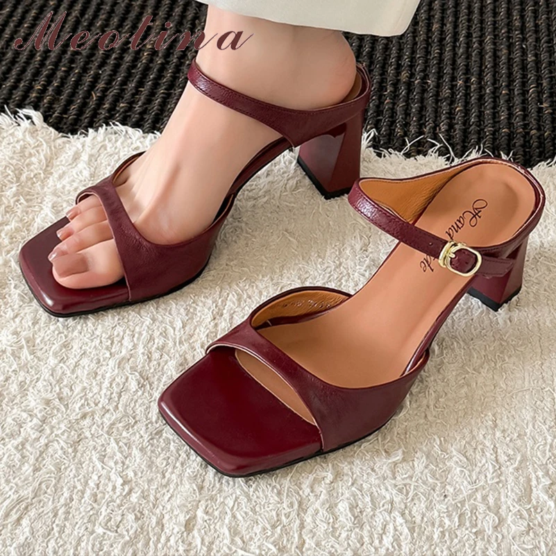 

Meotina Women Genuine Leather Slides Square Toe Thick High Heels Slippers Buckle Sandals Ladies Fashion Shoes Summer Wine Red