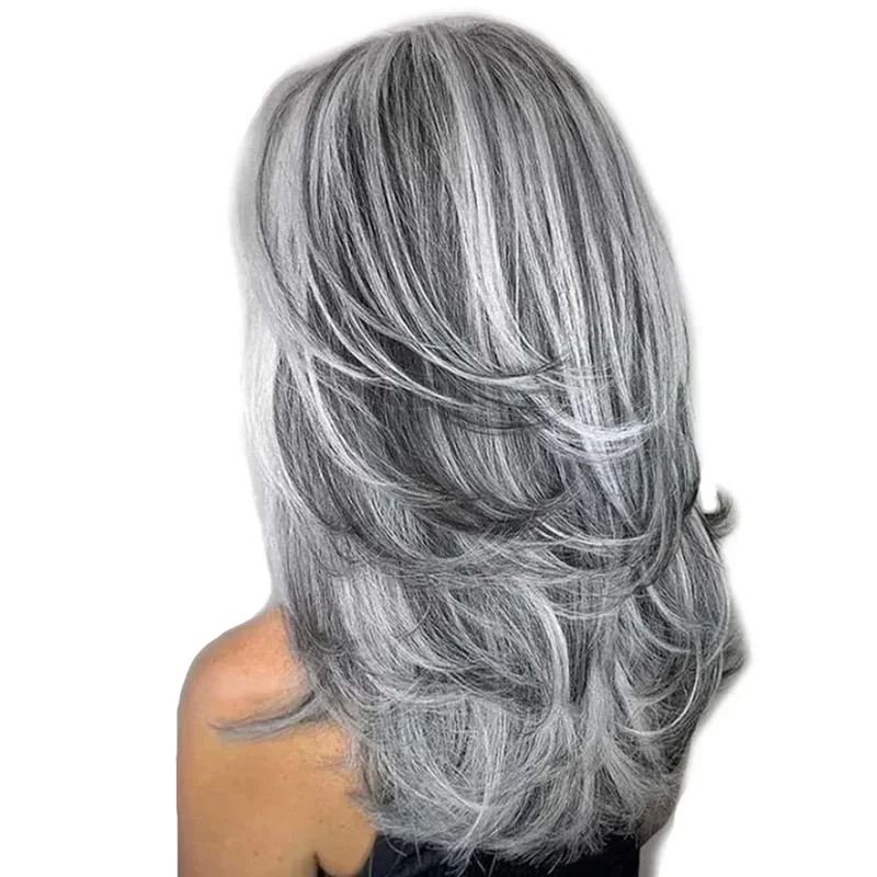 GNIMEGIL Long Curly Synthetic Wigs for Women Grey Natural Hair Wig Female Cosplay Sexy Halloween Costume Wig Gift Elder Wig