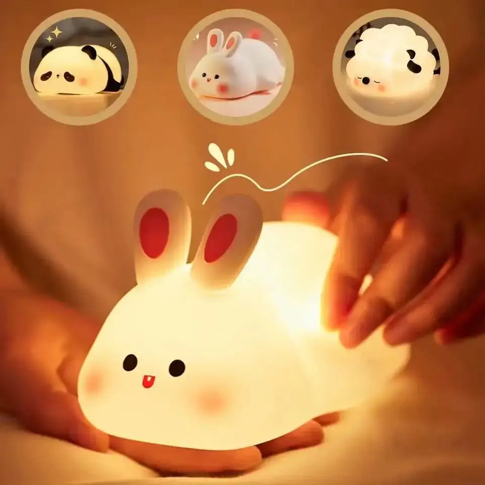 LED Night Lights Cute Sheep Panda Rabbit Silicone Lamp USB Rechargeable Timing Bedside Decor Kids Baby nightlight Birthday Gifts