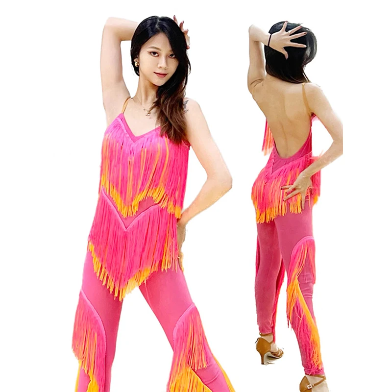 Pink Tassel Latin Dance Jumpsuit Women Cha Cha Rumba Performance Clothing Fringe Pants Latin Competition Clothes Adult DNV18019