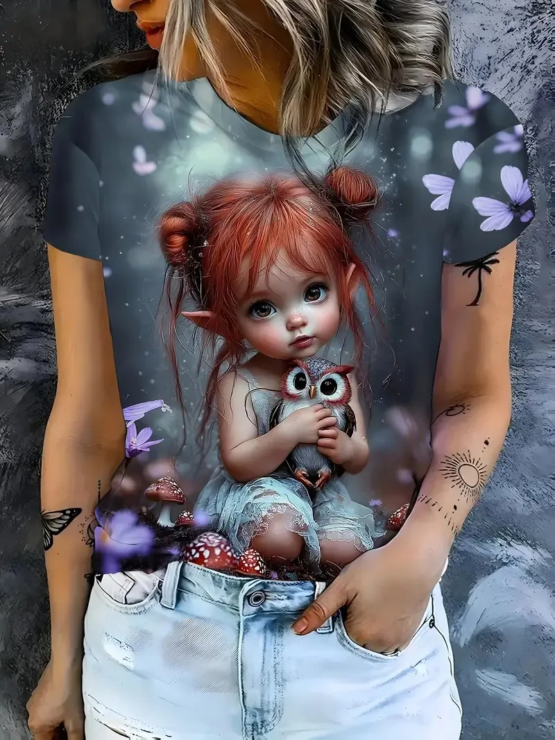 

New Halloween Elves holding owls 3D printed women's T-shirt fashion and casual round neck short sleeved oversized women's tops